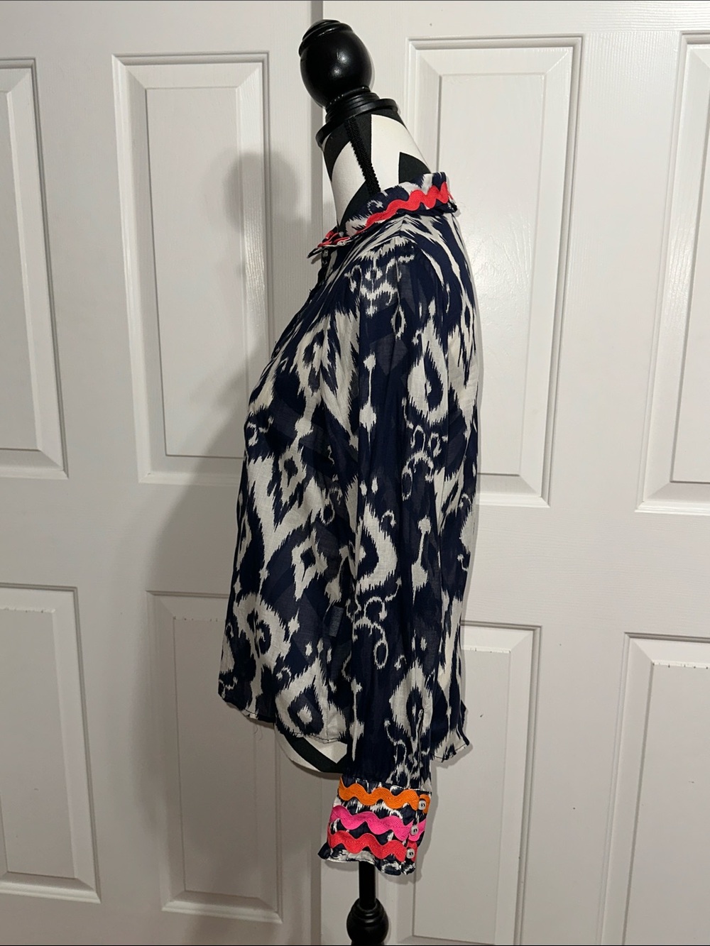 Vilagallo Navy and White Ikat Button-Down Shirt with Pink and Orange Trim - Picture 2 of 5